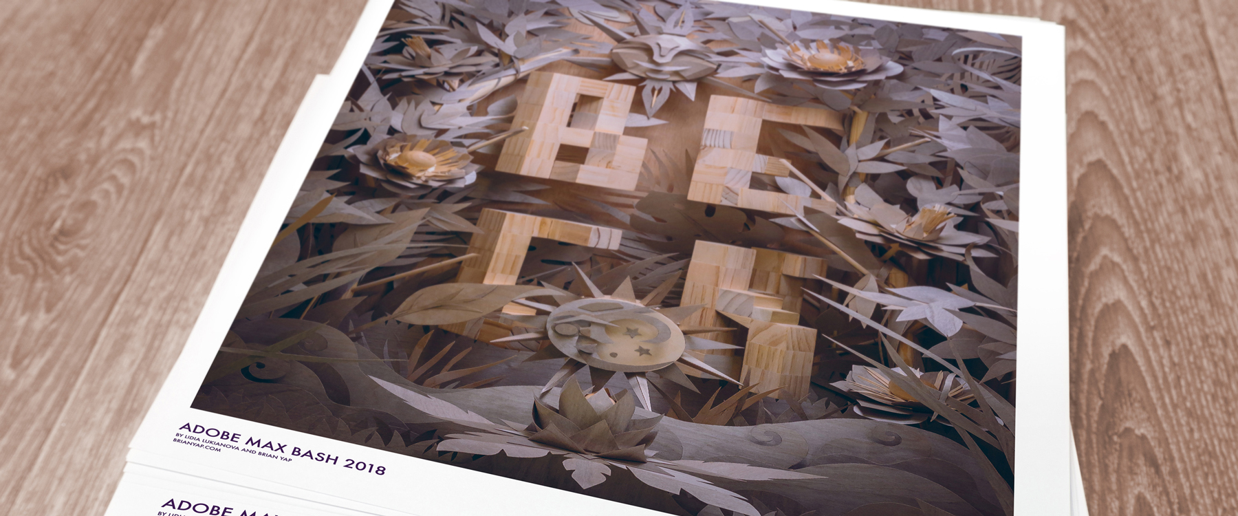 To commemorate a performance by Beck at the 2018 Adobe MAX conference, Brian Yap and Lidia Lukianova built a sculpture out of wood, photographed, and turned that into a printed poster enhanced with augmented reality.
